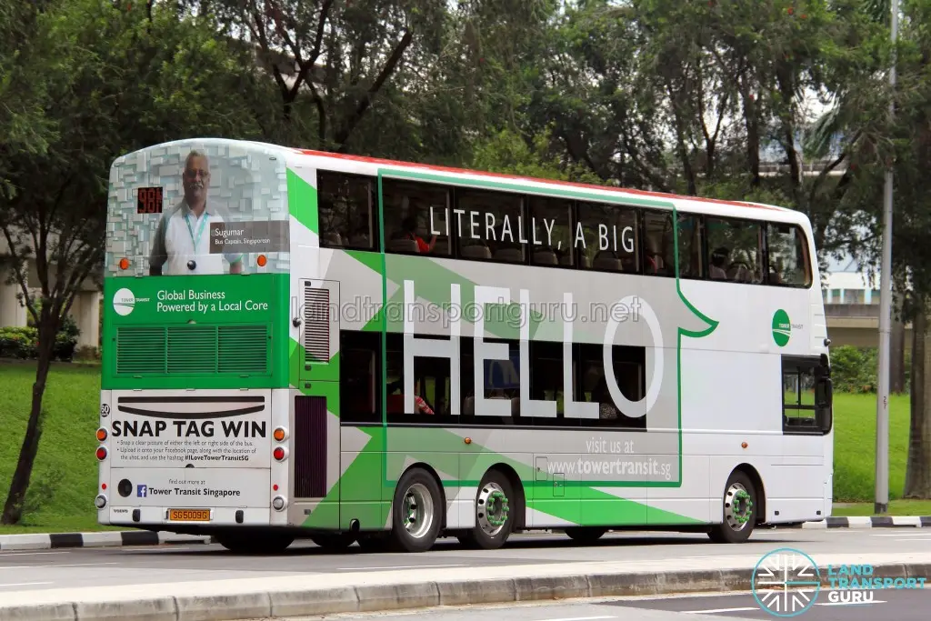 Tower Transit Volvo B9TL Wright (SG5009G) - Service 98M (Rear), featuring Tower Transit recruitment advertising wrap