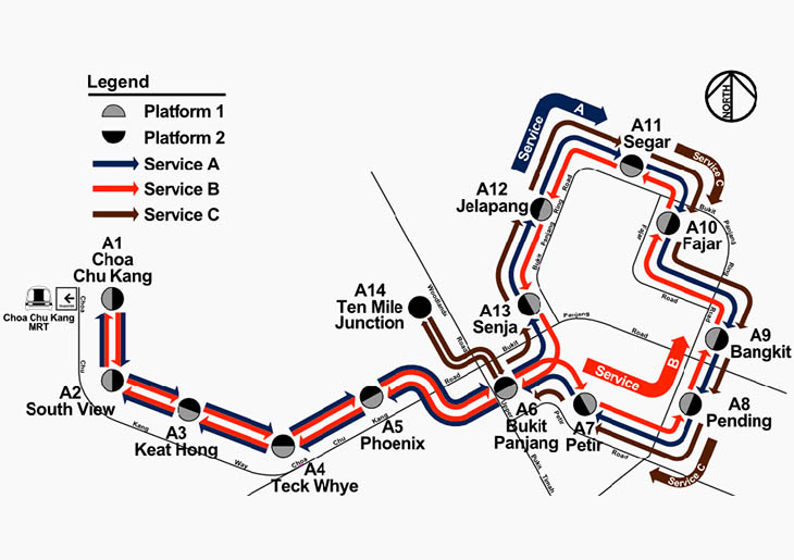 Diagram of LRT services A, B and C. The station codes have since been changed.